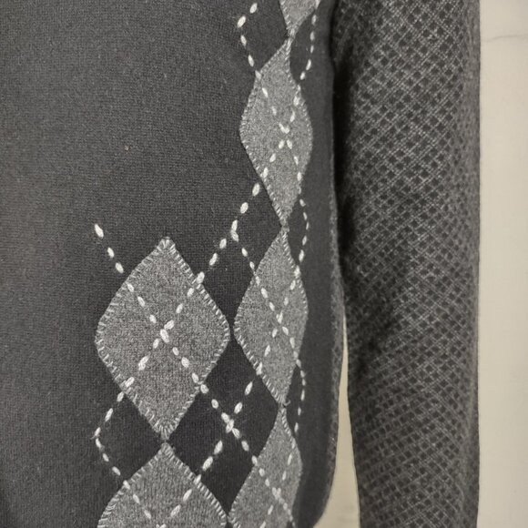 Transcript black gray embroidered argyle 100% Cashmere V-Neck sweater Medium - Picture 4 of 10